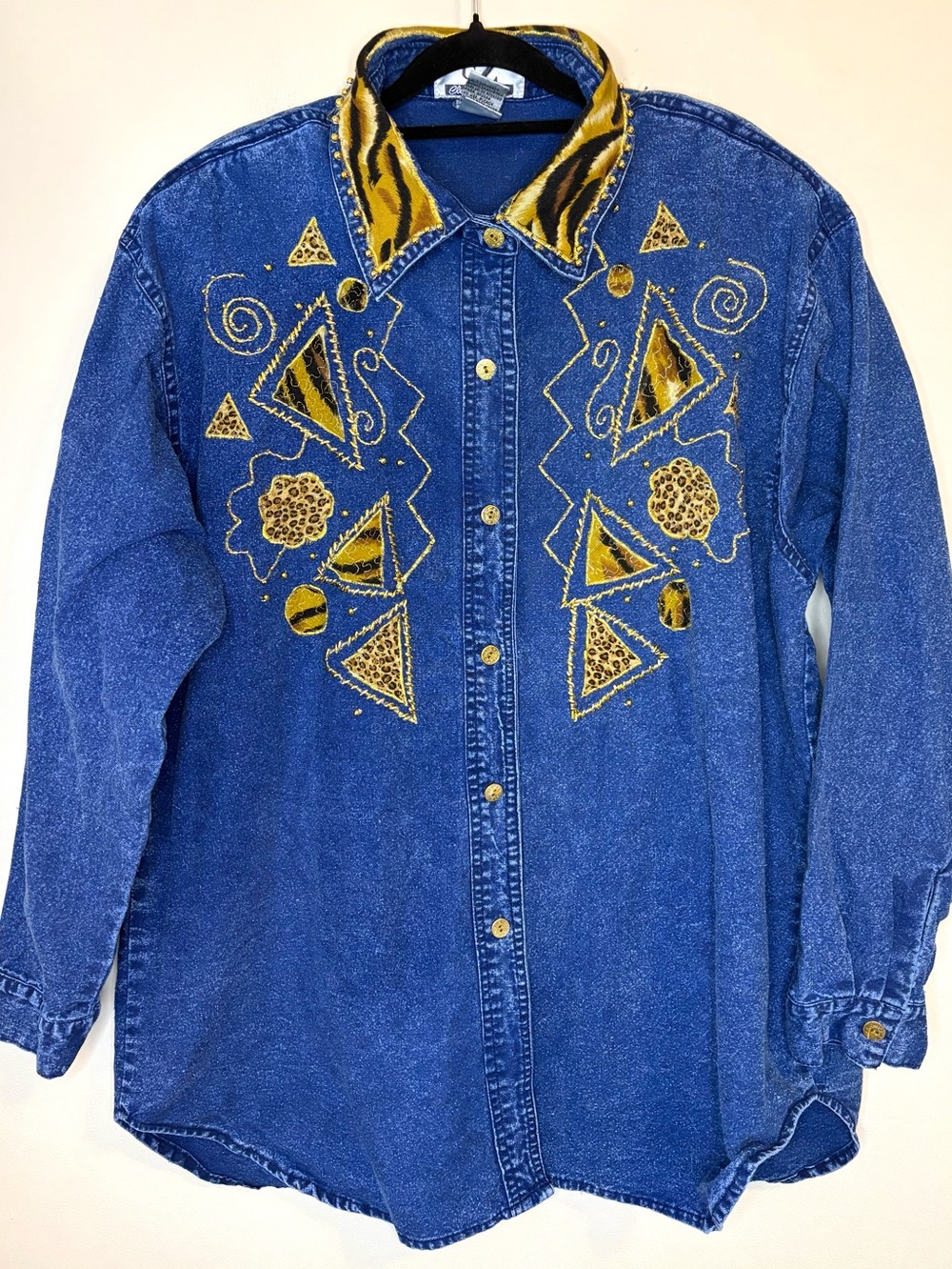 Vintage Club Z Denim Shirt 1X Animal Print Embellished Beaded 90s Western